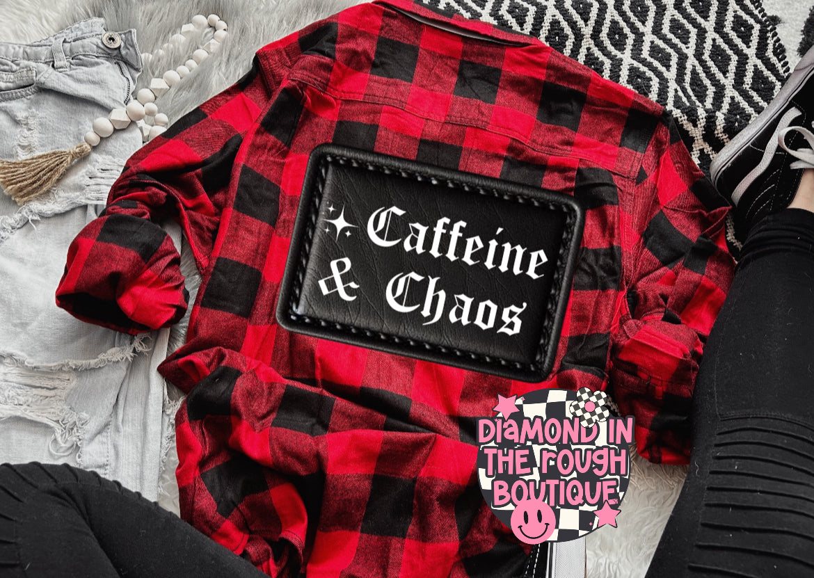 Caffiene & chaos faux leather patch -flannel