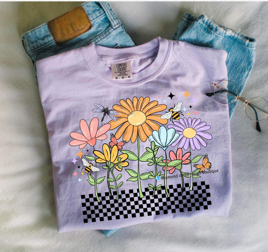 Checkered Flowers-Comfort Color Tee